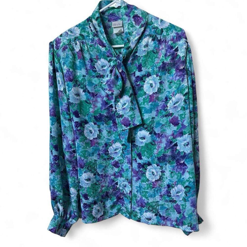 Bleyle 16 Vintage Blue Floral Button Down Long Sleeve Feminine Blouse, Pussybow